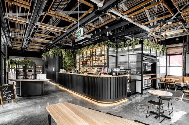 A dark, industrial-style café or hospitality venue with a prominent curved black service counter, timber dining tables, black metal chairs, exposed ceiling structure, suspended linear lighting, hanging plants, and a glazed commercial kitchen or preparation area. Concrete flooring, black framing, timber ceiling accents, and warm integrated counter lighting create a dramatic yet inviting atmosphere.