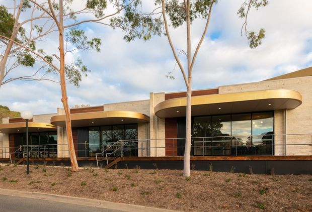 Single-storey contemporary building exterior with a low, horizontally composed facade. Pale masonry walls are paired with dark metal-framed glazing, warm timber-look feature panels, curved projecting roof canopies, and slim metal balustrades. The building sits within a sparsely landscaped site with mature eucalyptus trees and a paved frontage.