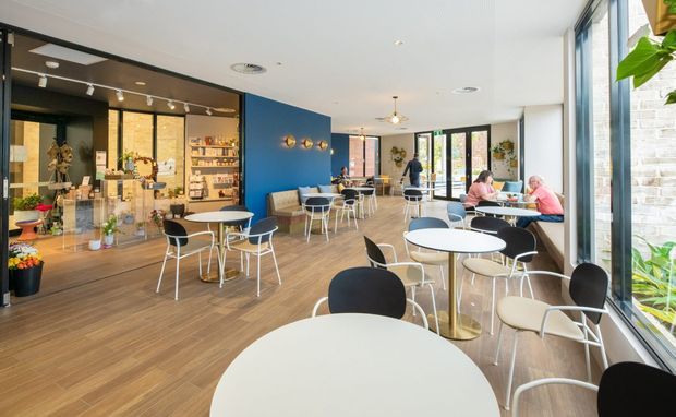 Bright contemporary café or hospitality interior with an open dining area, numerous round white tables, black-and-white chairs, timber-look flooring, and extensive floor-to-ceiling glazing. A vivid blue feature wall with decorative brass-toned lights separates the seating area from a retail or service counter, while indoor plants and displayed products add visual interest.