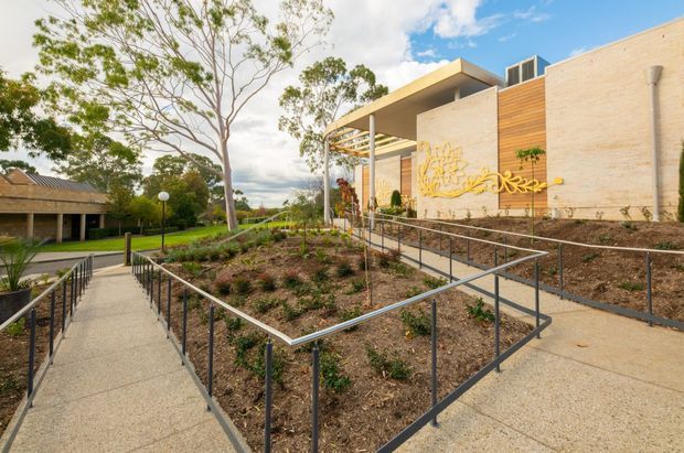 Exterior view of a contemporary institutional or community building set within landscaped grounds. The building features pale exposed brick walls, warm timber cladding, a broad flat projecting roof canopy, clerestory-like glazing, and colourful sculptural wall artwork. Accessible concrete paths with dark metal handrails wind through newly planted garden beds, with mature trees and a low tiled-roof structure in the background.