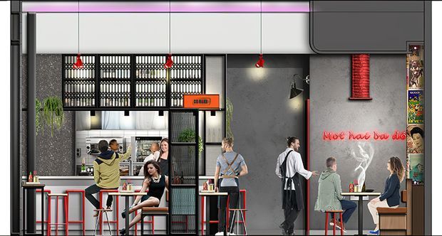 A stylised interior rendering of a compact contemporary bar or casual restaurant. The space features dark textured walls, black metal-framed shelving displaying bottles, a service counter, red pendant lights, high communal tables with red metal stools, and several patrons. A neon sign and graphic wall elements add a playful urban hospitality character.