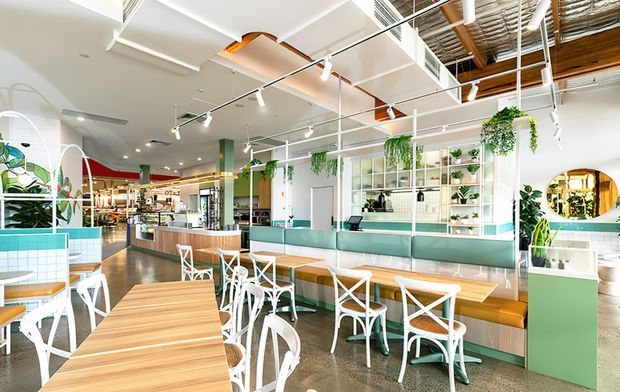 Bright, contemporary café interior with a long turquoise upholstered banquette, light timber tables, white cross-back chairs, tiled counter areas, open shelving with plants, pendant greenery, and a high exposed ceiling with visible services and timber roof structure. The space has a fresh, airy hospitality fit-out with strong white, aqua, and light-wood tones.