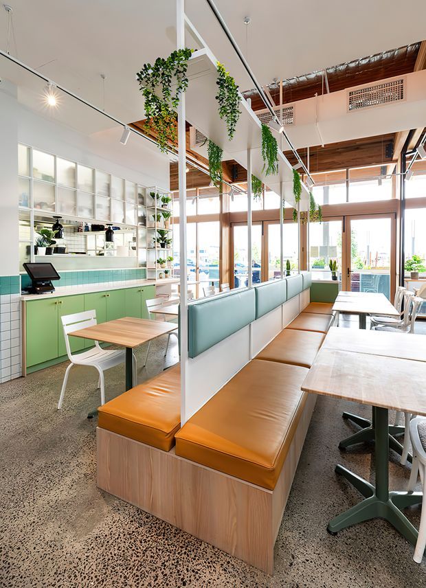 Bright contemporary café or commercial dining interior with an open kitchen, long built-in banquette seating, communal tables, hanging greenery, large glazed doors and windows, exposed timber ceiling elements, and polished terrazzo-like flooring. The space combines pale green cabinetry and tiles with warm timber and orange upholstered seating.