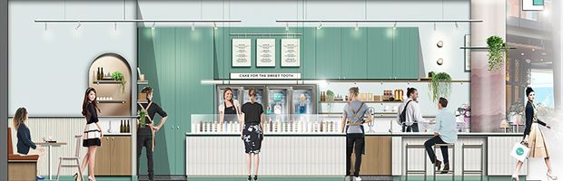 A wide architectural interior rendering of a contemporary café or retail food-and-beverage counter. The space features a long white fluted service counter, pale timber cabinetry, a mint-green glazed or tiled feature wall, open shelving with products, stools and tables, pendant and track lighting, and several people illustrating the scale and use of the space.