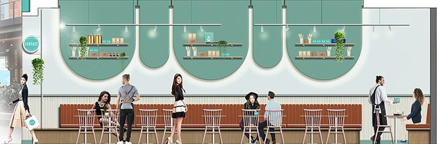 A bright contemporary commercial hospitality or café interior with a long built-in timber banquette, small round café tables, wire-frame stools, and several people using the space. The pale green feature wall incorporates large rounded recessed niches with open display shelving, plants, and pendant lighting. A glazed entrance or window area is visible at the left, with a clean, curated palette of pale green, white, timber, and black accents.