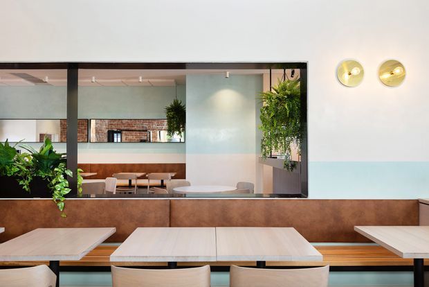A contemporary commercial dining or hospitality interior with long pale wood tables, light upholstered chairs, a built-in brown leather banquette, black-framed internal glazing, and a large mirror or glazed opening reflecting additional seating. Pale blue-green wall panels, exposed brick, hanging plants, and paired round brass wall lights create a warm, refined atmosphere.