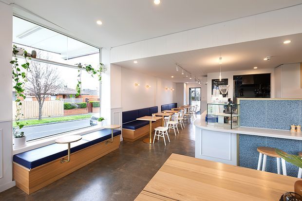 A bright contemporary café interior with a long built-in window bench, communal and booth-style seating, timber tables, white bar cabinetry, and a distinctive blue patterned tiled counter. Large glazing opens views to the street, while potted plants and warm timber details add a welcoming character.