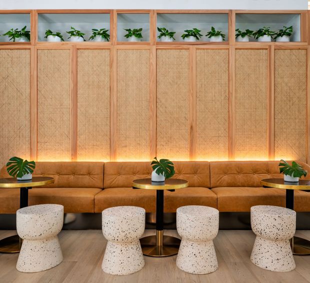 A stylish hospitality or commercial lounge with a long caramel-brown tufted banquette set against a full-height rattan or woven cane wall partition. Warm timber framing, integrated backlighting, upper plant display niches, small round brass-accented tables, terrazzo pedestal stools, and indoor greenery create a refined, warm contemporary interior.