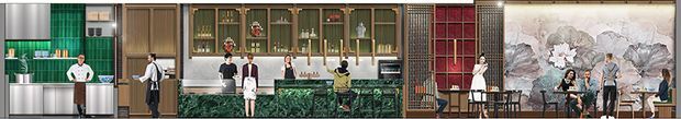Wide panoramic view of a richly detailed hospitality or commercial interior, likely a restaurant or bar. The space features dark green and brown timber cabinetry, multiple bar or service counters, display shelving, decorative objects, pendant lighting, and a large floral mural on the right. Several people are present, with dining tables and seating visible in the mural area. The design has an ornate, moody, eclectic character with strong green, burgundy, timber, and metallic accents.