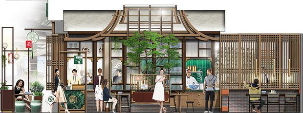 Wide illustrated architectural elevation of a contemporary commercial interior, likely a hospitality or retail frontage. The composition features a prominent timber-framed glazed facade with vertical screens, dark wood joinery, brick basework, decorative curved roof or canopy elements, a central planted courtyard-like feature, and several people occupying work or customer areas. The design has a strong East Asian-inspired character with layered timber screens and ornamental framing.