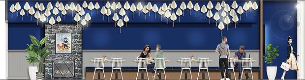 A wide, contemporary café or commercial interior with a deep navy feature wall, multiple white dining tables and chairs, a textured stone-clad column, indoor plants, framed artwork, and a striking row of sculptural white pendant lights. A fashion display or mannequin appears at the far right.