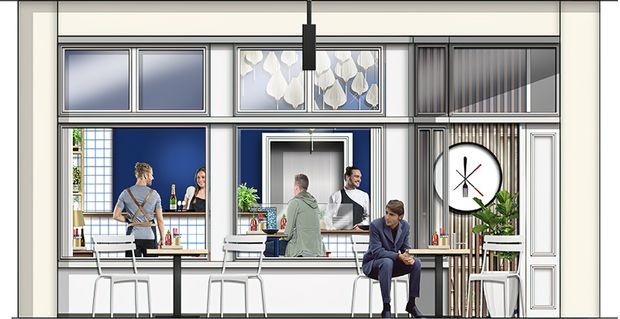 Stylised architectural illustration of a contemporary open-plan kitchen and entertaining area. The space features a long island or breakfast bar with stools, dark blue cabinetry and wall panels, white-framed glazing, decorative patterned glass, vertical timber or metal screening, pendant lighting, a large round wall clock, plants, and several people gathered around the counter.