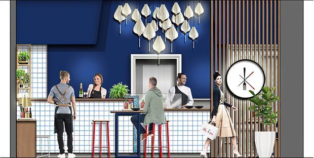 A stylised commercial hospitality interior, likely a café or bar, with a deep navy feature wall, tiled service counters, red metal bar stools, hanging sculptural pendant lights, and a reception or service area. A vertical timber-slat screen with a large wall clock separates the counter from the entrance zone. Several people are present, with indoor plants and shelving adding detail.