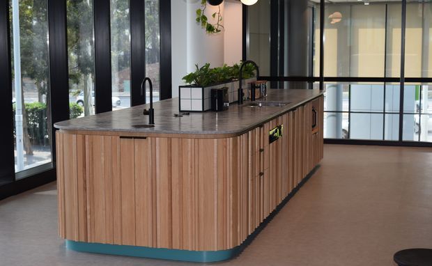 A contemporary kitchen centred on a large island with rounded ends, vertical timber-look fluted cabinetry, a grey stone benchtop, integrated sink and black tapware. Black-framed floor-to-ceiling glazing and an internal black-framed glass partition bring in abundant natural light. The island has a distinctive teal-blue plinth, with plants and pendant lights adding softness.