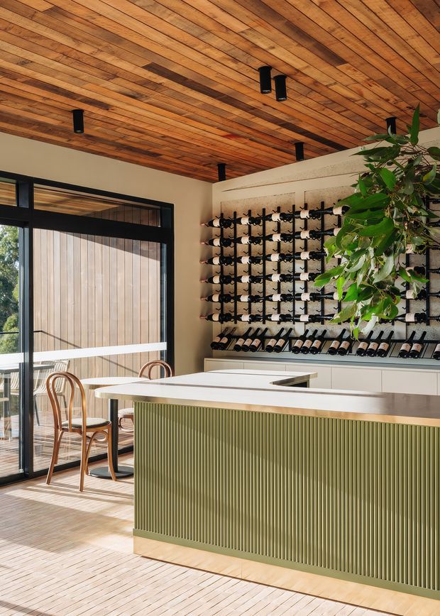A refined wine room or tasting area with a large central island, extensive wall-mounted wine bottle storage, and a small dining setting beside full-height black-framed glazing. The island has a vertically fluted olive-green front, a pale stone benchtop, and integrated cabinetry. Warm timber boards cover the ceiling and flooring, while black cylindrical track-style downlights and abundant indoor greenery add contrast. The space is bright, warm, and contemporary.
