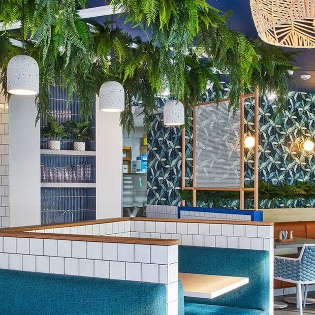 A vibrant commercial hospitality interior, likely a cafe or restaurant, with teal upholstered booth seating, white square-tile counters and partitions, timber trim, patterned botanical wallpaper, abundant hanging ferns, decorative pendant lights, and a dark ceiling. The space has a playful, tropical-inspired fit-out with layered textures and strong colour contrast.