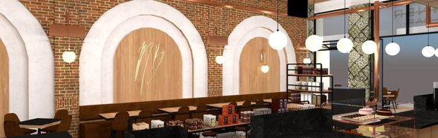 A contemporary commercial interior, likely a hospitality or dining venue, featuring a long dark counter, exposed red brick walls, large arched plaster surrounds with timber panels, open shelving, pendant globe lights, and black-framed glazing with a tall ceiling.