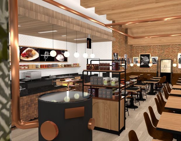 Interior rendering of a contemporary café or restaurant with exposed red-brick walls, timber ceilings, copper pipework, black metal shelving, timber cabinetry, tiled counters, pendant globe lighting, and rows of dining tables and chairs. A prominent central coffee or service counter anchors the space, with product displays and branded wall graphics in the background.