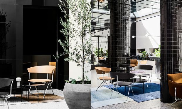 A sophisticated contemporary commercial interior, likely a hotel, office, or hospitality lounge, arranged around a bright atrium or open-plan seating area. The space features black tiled columns and dark wall surfaces contrasting with white walls and extensive overhead glazing or skylights. Multiple small seating groups with modern chairs and round tables sit on layered rugs, while tall indoor olive trees in large concrete planters add greenery. The composition is high-contrast and refined, with a mix of black, white, warm timber, blue, and natural green tones.