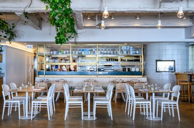 Bright contemporary restaurant interior with rows of white dining tables and chairs, a long open bar and service counter with illuminated glass-front shelving, exposed insulated ceiling services, hanging pendant lights, tiled walls, and trailing greenery.