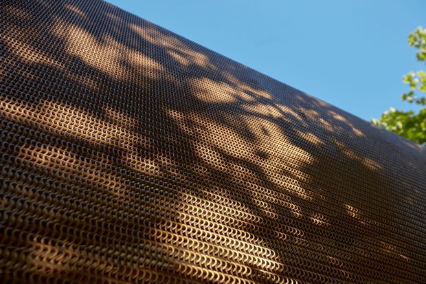 Close-up exterior view of a building facade clad in a dense, perforated or chain-like metal mesh. Warm brown-gold highlights and tree shadows create a textured, patterned surface, with a narrow strip of blue sky and foliage visible at the upper edge.