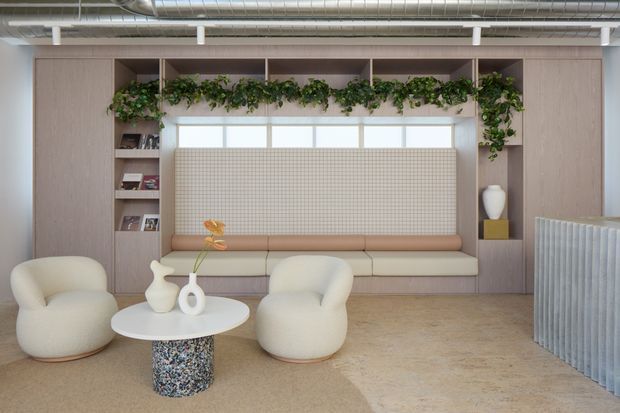 A contemporary office lounge or reception area with a built-in timber-toned feature wall, integrated shelving, a long upholstered bench, and a gridded acoustic wall panel beneath clerestory windows. Trailing greenery decorates the upper shelving, while sculptural cream lounge chairs and a round table create a soft seating zone. The space has an exposed industrial ceiling with ducts, light wood-look wall joinery, and a polished concrete or terrazzo-like floor.
