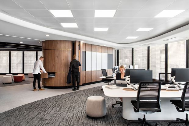 A bright contemporary open-plan commercial office with curved timber-clad built-in joinery, individual workstations, large windows with blinds, suspended ceiling panels, recessed lighting, and grey patterned carpet. Several people are working at white desks with black office chairs, while a small informal seating area is visible in the background.