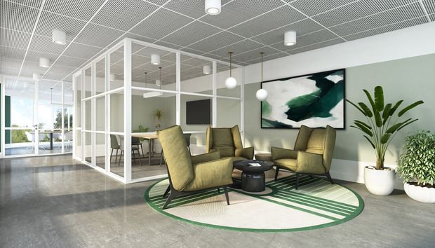 A bright contemporary commercial lounge or reception area with a polished grey concrete floor, pale walls, and a suspended open-grid acoustic ceiling. A white-framed glazed meeting room enclosure occupies the left side, while olive-green lounge chairs and a small round table are arranged on a graphic green-and-cream circular rug. Pendant lights, indoor plants, and abstract artwork add visual interest.