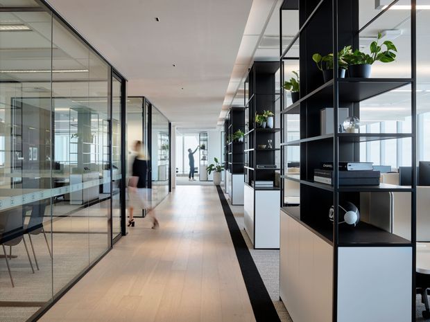 A bright contemporary office interior with a long open corridor, full-height glass-partitioned meeting rooms on the left, and black open shelving with integrated storage and plants on the right. Pale timber flooring, white ceilings, black-framed glazing, and abundant daylight create a clean, professional workspace. Blurred people are visible in the corridor and a distant office area.