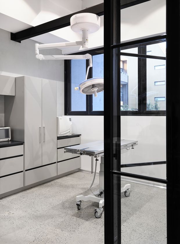 Bright, contemporary clinical treatment room viewed through a black-framed glazed partition. The space contains a mobile examination or operating table, overhead medical examination light, white built-in storage cabinetry, medical equipment, and a speckled terrazzo-style floor. Large black-framed windows provide daylight, while exposed black ceiling beams add contrast.