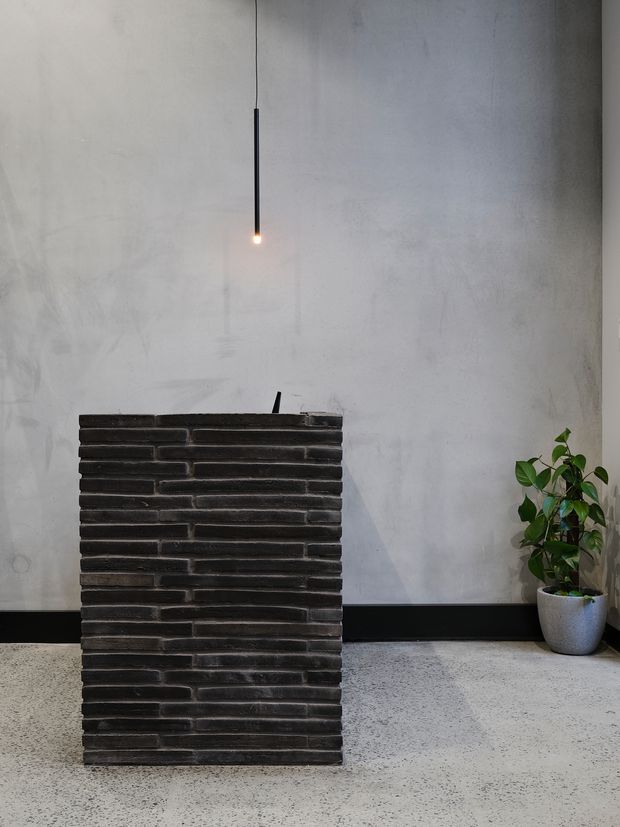 Minimalist interior featuring a freestanding dark brick reception counter or plinth against a raw light-grey plaster wall. A single black pendant bulb hangs overhead, while a potted leafy plant sits to the right. The floor is pale speckled terrazzo or polished concrete, creating an understated industrial gallery-like atmosphere.