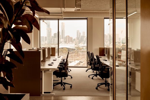 A contemporary open-plan office interior with rows of workstations, ergonomic black office chairs, pale wood desks, and floor-to-ceiling glazing overlooking a dense city skyline. A glass-partitioned meeting or office area is visible on the right, while large indoor plants and warm neutral finishes soften the workspace. The space has a standard-height textured ceiling and abundant daylight.