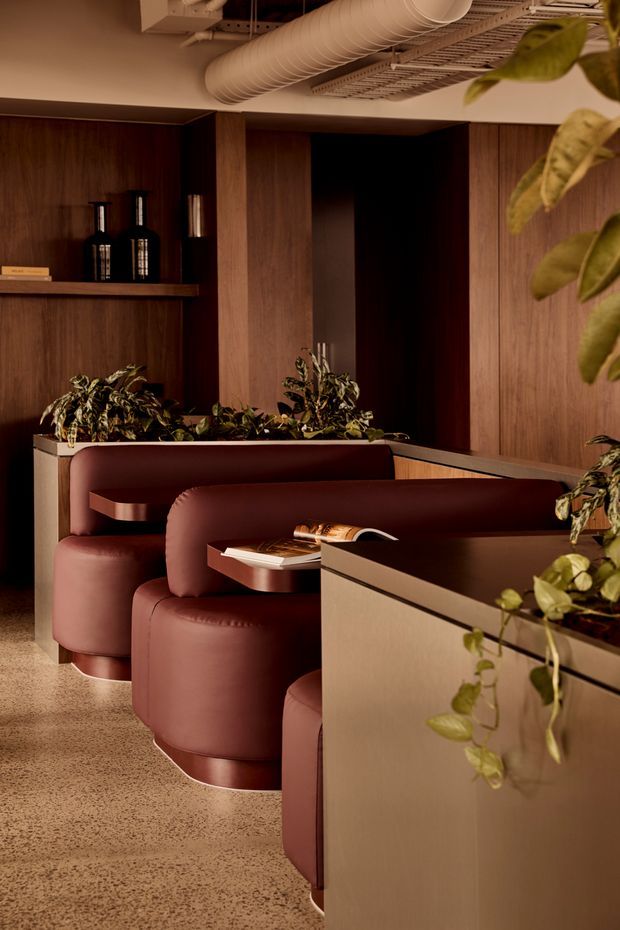 A warmly lit contemporary commercial interior, likely a restaurant, café, or hospitality lounge. The space features deep burgundy upholstered booth seating with rounded forms, integrated dark timber wall panelling and shelving, planter-box dividers with trailing greenery, and a terrazzo-like speckled floor. Exposed ceiling services, including ductwork and cable trays, contrast with the refined timber and upholstered fit-out.