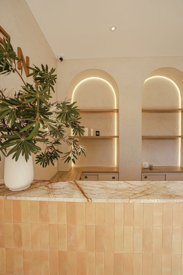 A warm, refined interior featuring a built-in reception or bar counter clad in peach-toned rectangular tiles, topped with a veined marble surface. Behind it, two arched recessed display niches with integrated warm LED lighting and timber shelves create a softly illuminated feature wall. A leafy indoor plant in a white vessel occupies the foreground, while small drawers and concealed storage are integrated below the shelving.
