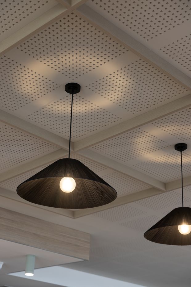 Interior ceiling detail featuring large black woven pendant lights suspended beneath a coffered ceiling. The ceiling has pale timber-toned structural beams framing white perforated acoustic panels, with soft warm lighting and a small recessed or surface-mounted cylindrical light visible below.