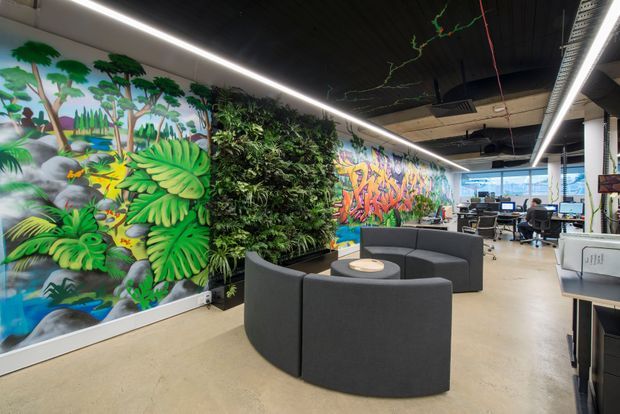 A contemporary open-plan commercial office with a casual lounge area in the foreground, featuring curved dark-grey upholstered seating around a round table. The space has polished concrete flooring, a dark ceiling with linear LED lighting and exposed services, vivid tropical and graffiti-style wall murals, a living green wall, and workstations by large windows in the background.