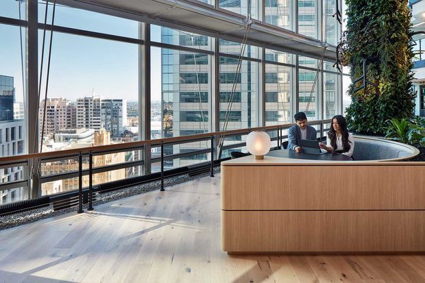 A bright contemporary commercial interior with floor-to-ceiling glazing overlooking a dense urban skyline. A curved timber reception desk with integrated seating and a glowing spherical lamp occupies the foreground, while a tall vertical green planting feature frames the right side. Exposed overhead services, slim dark metal window framing, and pale timber flooring create a refined yet industrial office or hospitality setting.