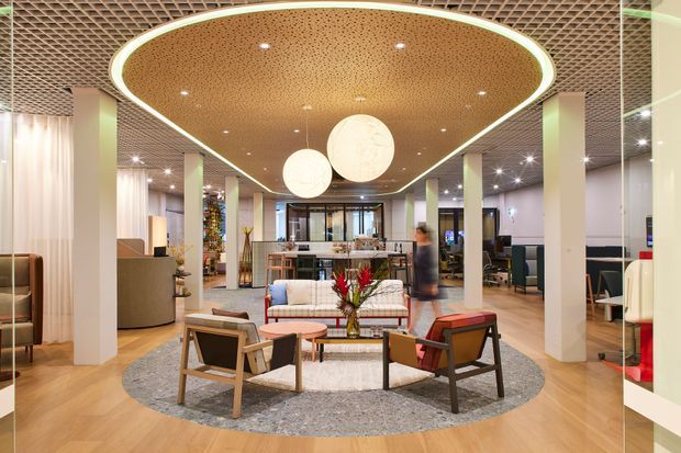 A spacious contemporary commercial interior lobby or lounge with an open-plan layout, pale timber flooring, white structural columns, and a dramatic oval recessed ceiling feature finished in warm perforated timber. Integrated linear lighting outlines the ceiling, while large spherical pendant lights hang above a central seating arrangement of upholstered lounge chairs and a sofa around a low table. A reception or bar-like counter and work areas are visible in the background, with a patterned ceiling grid extending through the surrounding space.