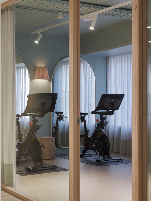 A compact home gym viewed through full-height timber-framed glazing, containing two stationary exercise bikes on dark mats. The room has pale blue curved walls, tall arched windows with sheer curtains, a mirrored wall reflecting the bikes, track lighting, and a sculptural wall lamp. The ceiling includes exposed light-coloured metal services or structural elements, creating a refined contemporary fitness room.