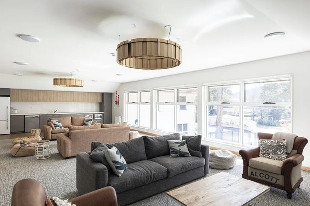 Bright open-plan living room with a contemporary kitchen at the rear, multiple sofas and armchairs, a timber coffee table, and large windows providing abundant natural light. The space features a white ceiling with recessed downlights and suspended circular timber pendant lights, pale wood kitchen cabinetry, dark grey and beige upholstered seating, and a neutral textured carpet.