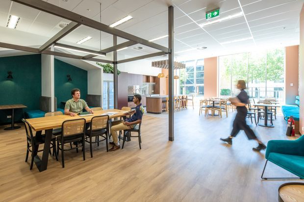 A bright contemporary commercial hospitality or workplace interior with an open-plan dining and lounge area. The space features timber-look flooring, teal upholstered seating and a teal accent wall, long communal tables, black-framed chairs, exposed dark structural beams, a central service or kitchenette counter, and extensive glazing overlooking greenery. Suspended linear lighting and a visible illuminated exit sign reinforce the commercial setting.