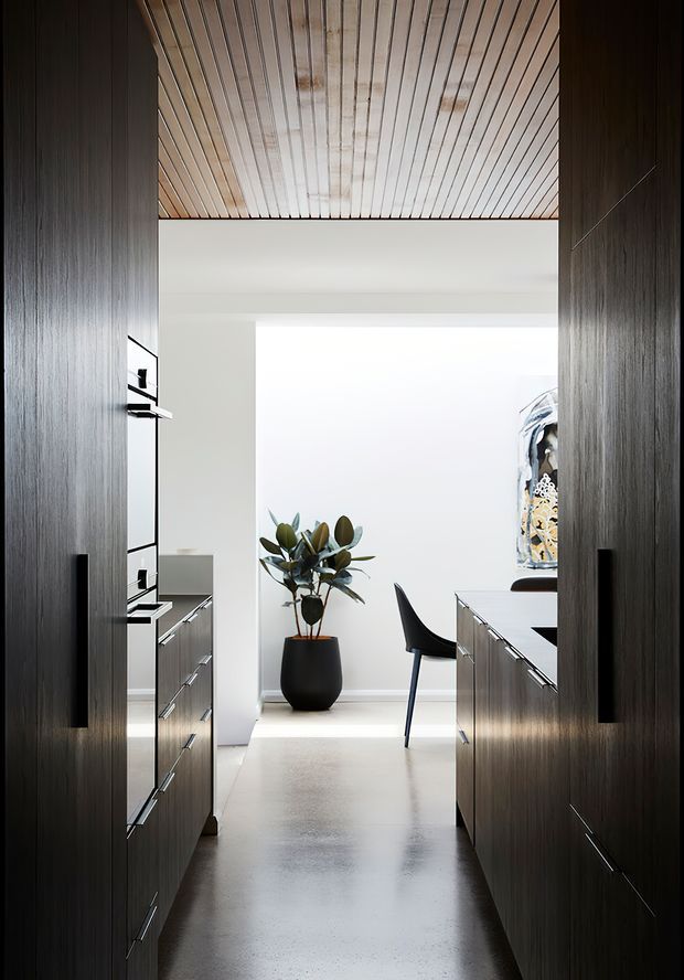 A narrow, contemporary kitchen viewed through tall dark timber cabinetry. The space features parallel banks of integrated cabinetry, a pale smooth floor, a bright white wall, a black dining chair, and a central potted plant. A slatted timber ceiling adds warmth and texture, while a partially visible dining or work area appears beyond the kitchen.