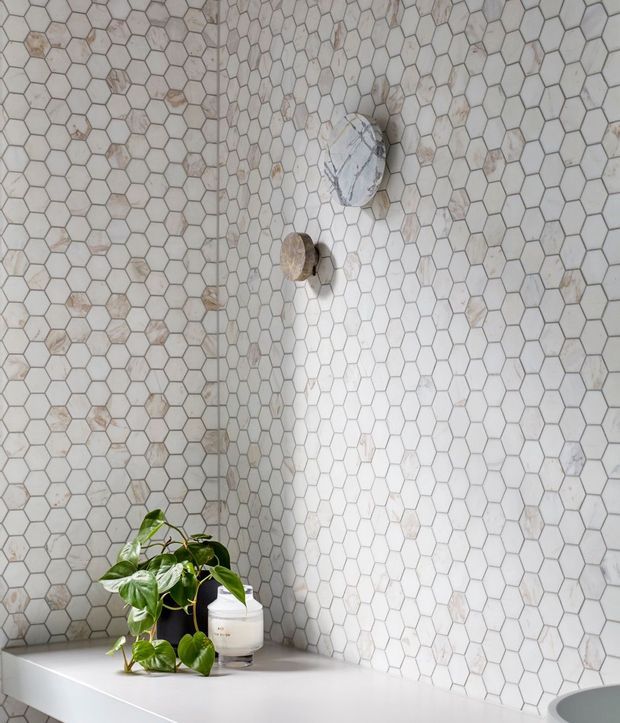 Close-up of a bathroom shower wall clad in small white and pale grey hexagonal mosaic tiles with scattered beige and stone-like accent pieces. Two round shower controls are mounted on the tiled wall. A white countertop or ledge at the base holds a leafy potted plant and a small white container, while the edge of a basin is visible at lower right.