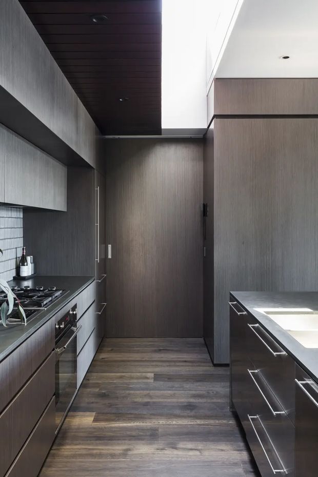 A narrow, highly finished contemporary galley kitchen with dark vertically grained cabinetry on both sides, integrated stainless-steel appliances, a dark benchtop, and a timber-look floor. A long skylight or clerestory opening brings strong natural light into the space, contrasting with the dark timber ceiling and cabinetry. Minimal recessed lighting and slim metal hardware reinforce the streamlined design.