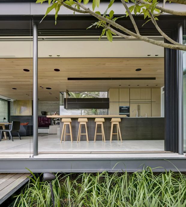 A contemporary open-plan kitchen viewed from outside through fully opened glazed doors. The space features a long dark kitchen island with an integrated sink and four light timber stools, pale timber ceiling lining with recessed downlights and a linear slot feature, light cabinetry, and polished pale flooring. A dining and living area is visible to the left, while slim dark-framed glazing and structural posts connect the interior to a planted outdoor setting.