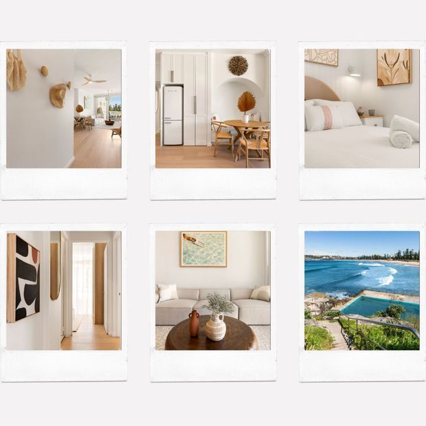 A six-image collage presented as Polaroid-style snapshots. The images show a bright, warm-toned coastal home interior with pale walls, light timber flooring, a compact white kitchen and dining area, a softly styled bedroom, an artwork-lined hallway, and a neutral living room. The final image shows a coastal ocean and pool outlook, reinforcing the seaside setting.