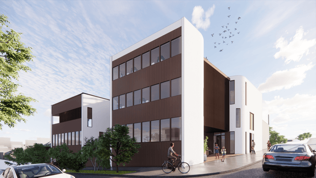 Architectural rendering of a contemporary multi-storey urban building with a tall central facade clad in dark brown vertical panels, extensive horizontal window bands, and contrasting white rendered side volumes. The ground level has a recessed entry and landscaped frontage, with pedestrians and bicycles providing scale. The image is viewed from an exterior street perspective and includes parked cars, trees, birds, and a bright sky.
