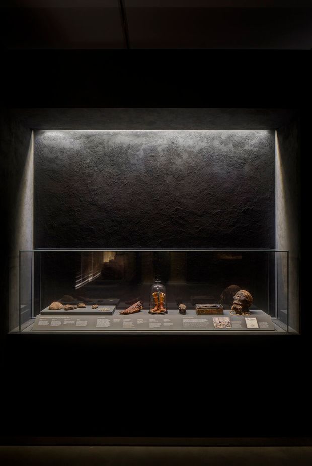 A dark, museum-like recessed display case set into a textured charcoal wall, containing archaeological or natural-history artefacts arranged on a grey platform. Integrated linear lighting highlights the rough feature wall and glass-fronted exhibition vitrine, creating a dramatic gallery interior.