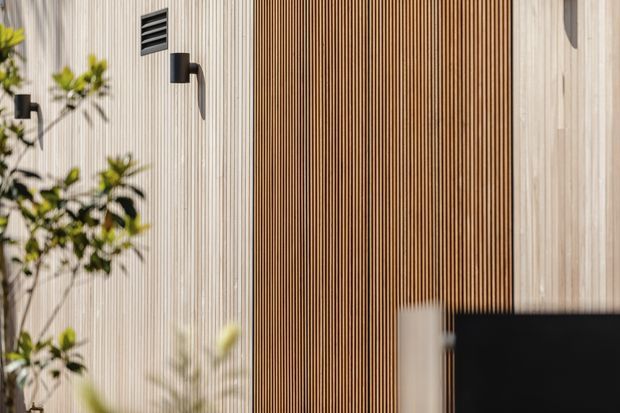 Close-up exterior architectural detail featuring a warm timber slatted screen or door set within a pale vertically textured facade. Black wall-mounted exterior lights and a small ventilation grille provide contrast, with soft landscaping partially visible in the foreground. The image has a contemporary, refined material-focused aesthetic.