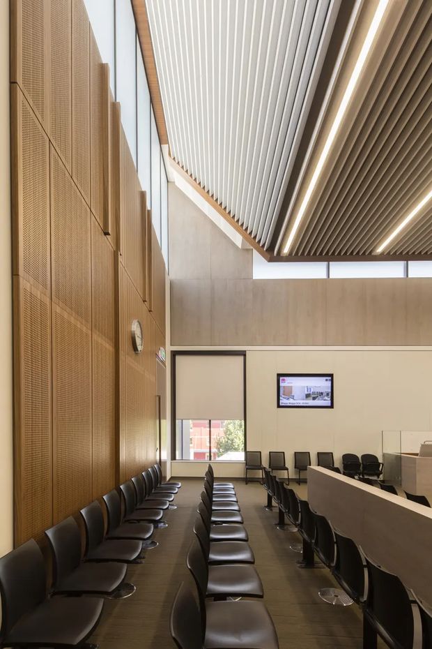 A contemporary commercial interior resembling a reception or waiting area, with rows of black leather chairs, a long light-coloured reception or service counter, warm perforated timber wall panels, and a dramatic slatted acoustic ceiling with integrated linear lighting. High-level glazing brings in daylight, while a wall-mounted screen and glass partition reinforce the institutional or office setting.